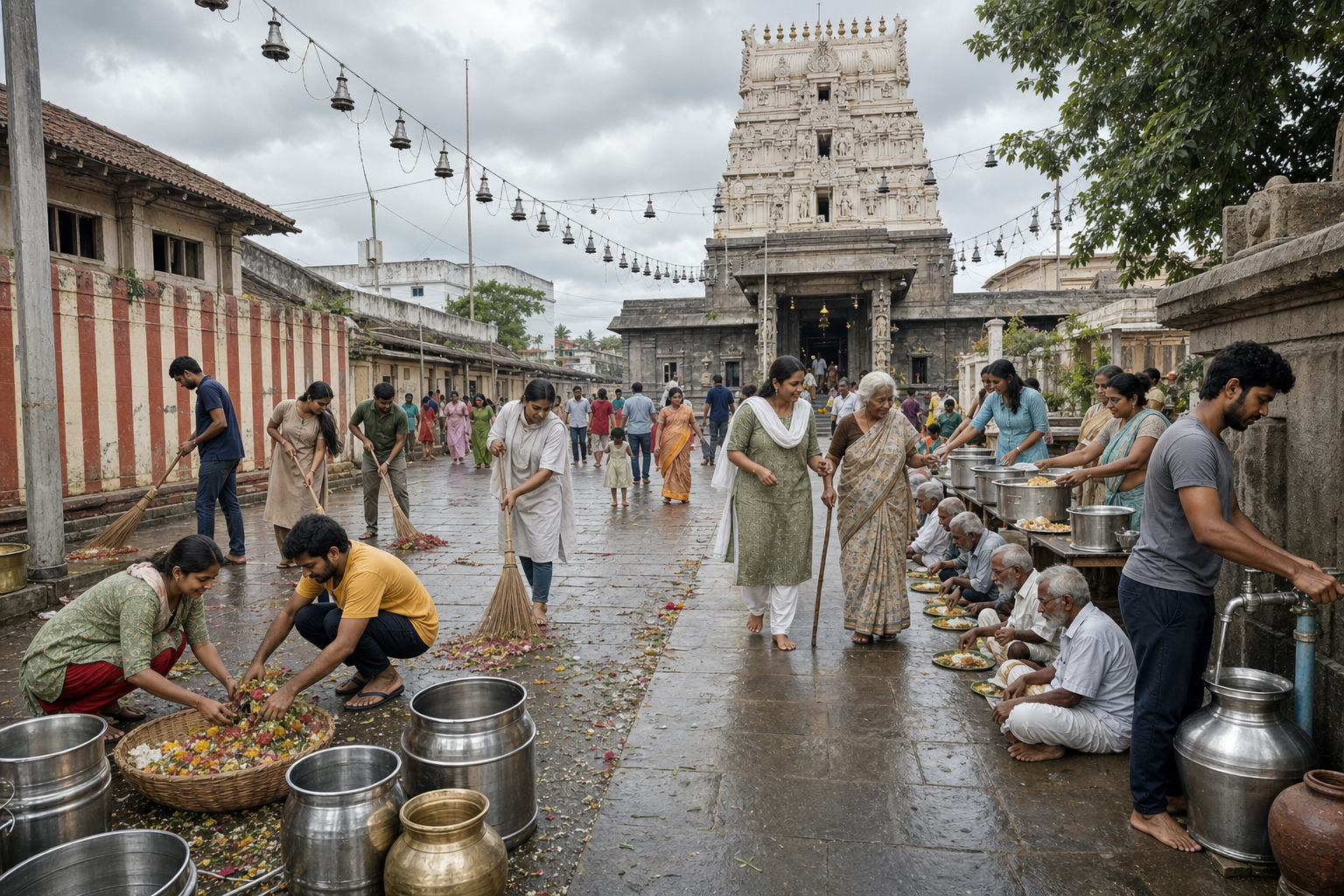 Residents clean a temple street, serve food and water, sort reusable vessels, and help an older visitor after a festival.