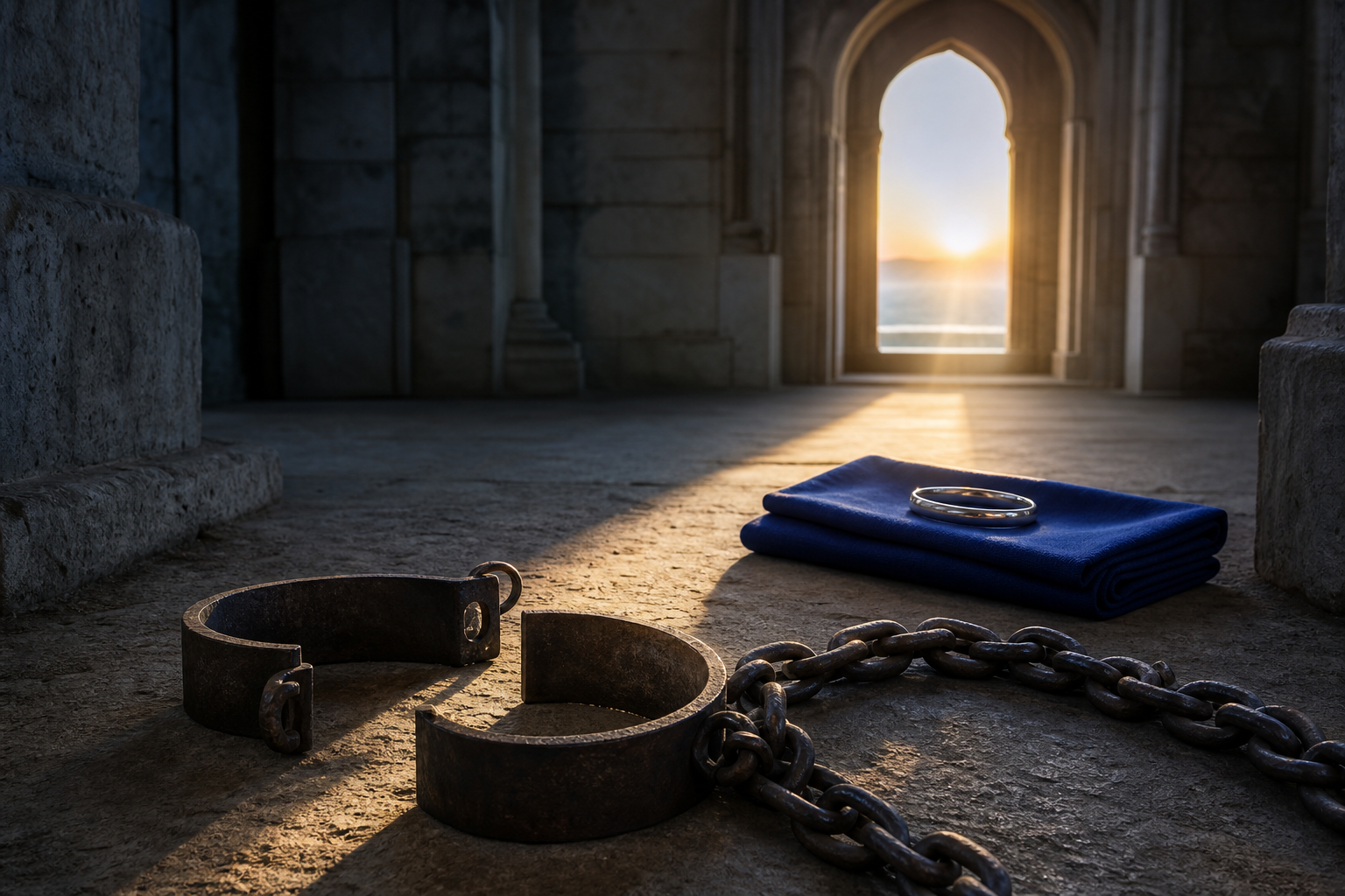An open iron shackle, chain, blue cloth, and steel bracelet lie in a stone chamber illuminated by dawn light.