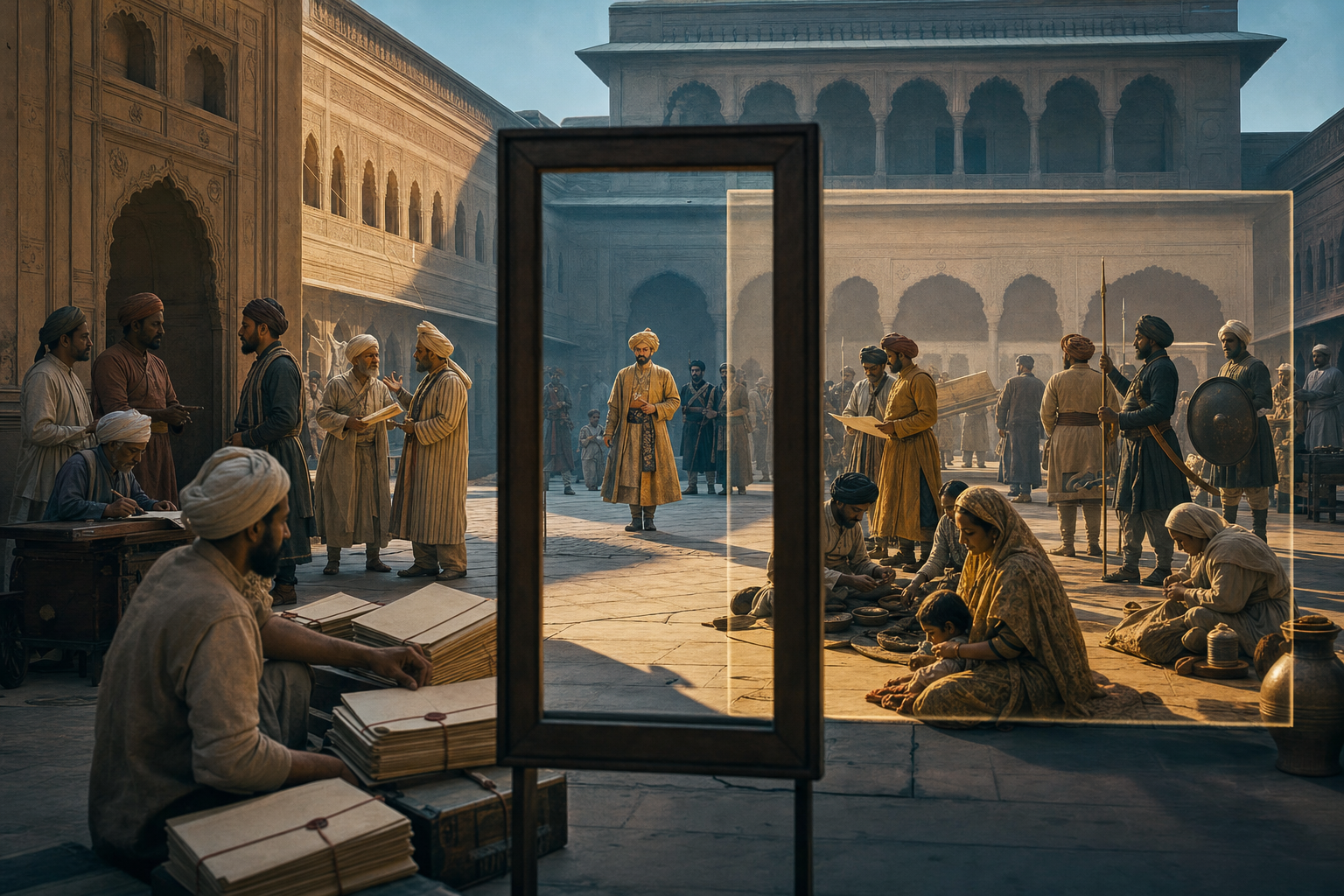 A viewing frame isolates an imperial figure while officials, workers, soldiers, and civilians remain visible around the wider courtyard.