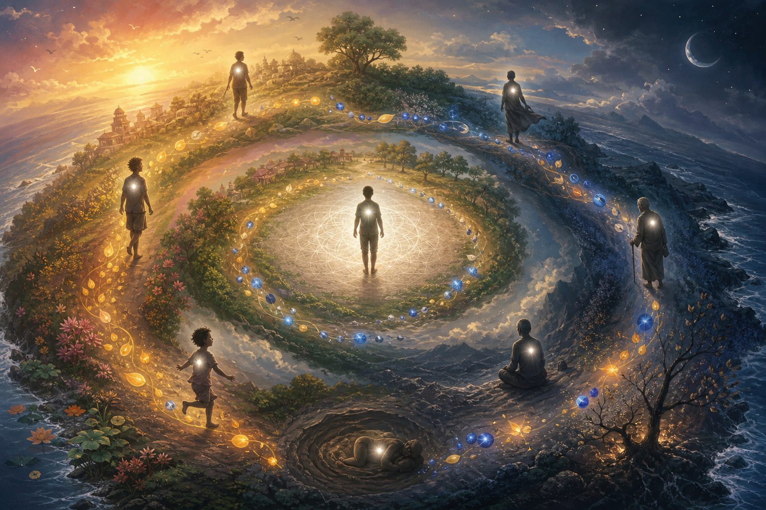 A figure passes through a circular landscape of changing life stages while glowing impressions spiral around an unchanged white light at the center.