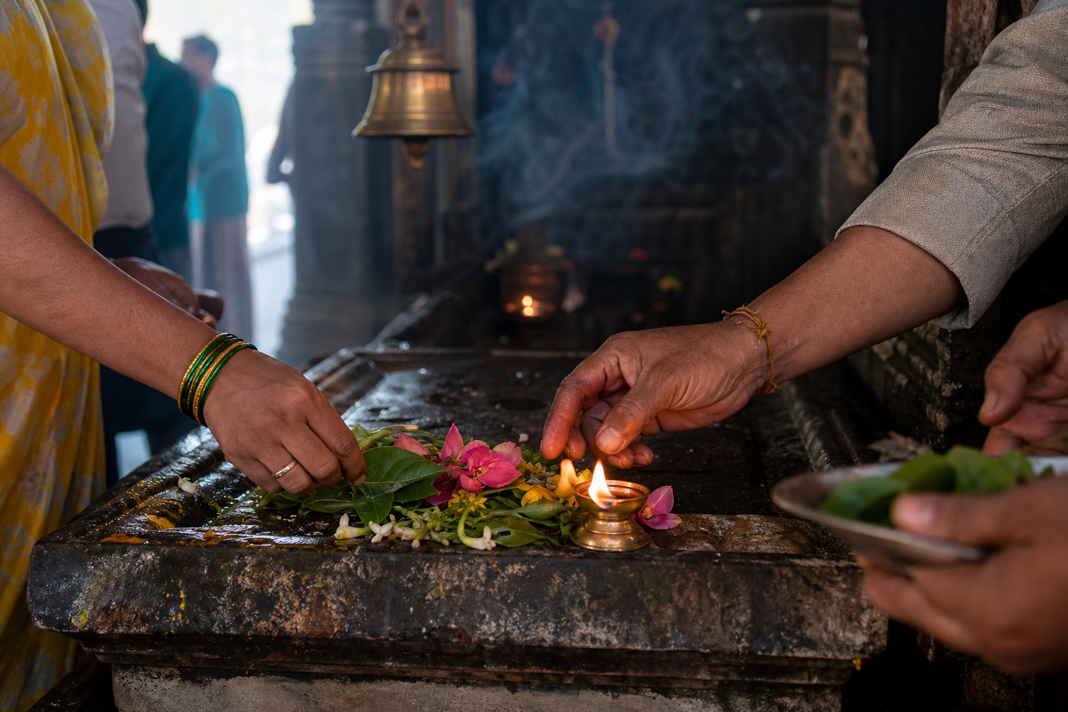 Devotees' hands place flowers, green leaves, and a lit brass lamp on a worn stone offering surface.