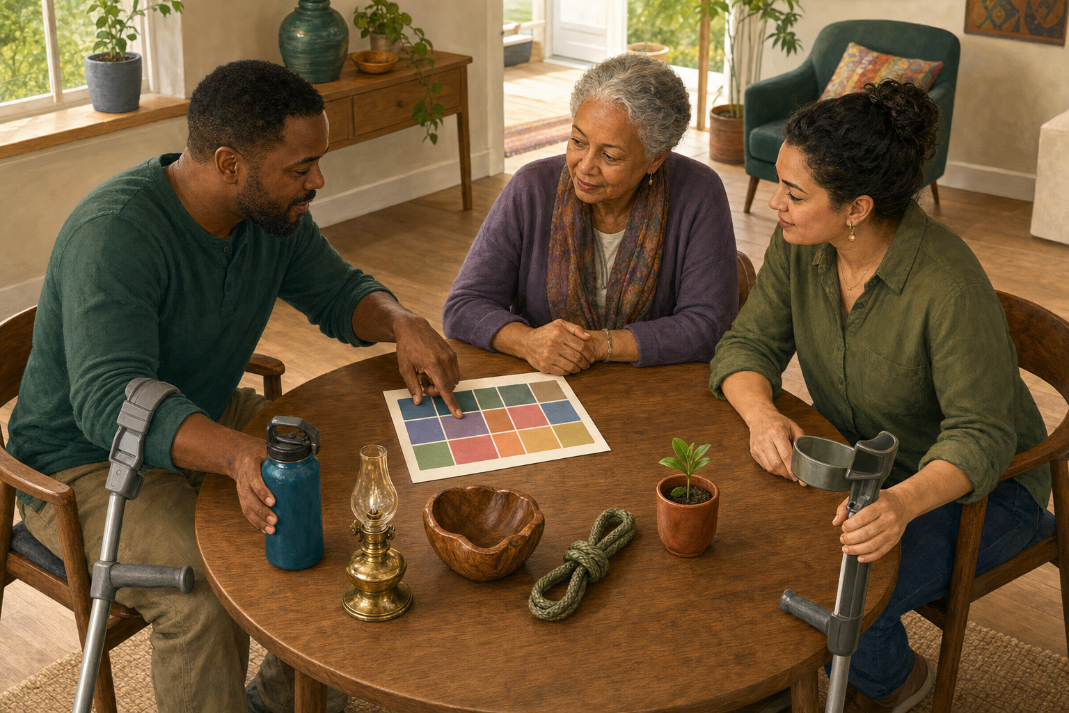 Three adults, including one using a forearm crutch, plan care together around a table with an unmarked calendar, a lamp, a bowl, a knotted cord, and a seedling.