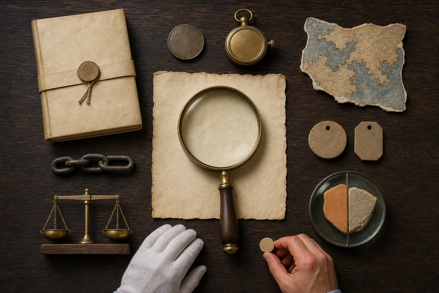 Seven evidence objects surround a magnifying glass and an unmarked archival sheet on a research table.