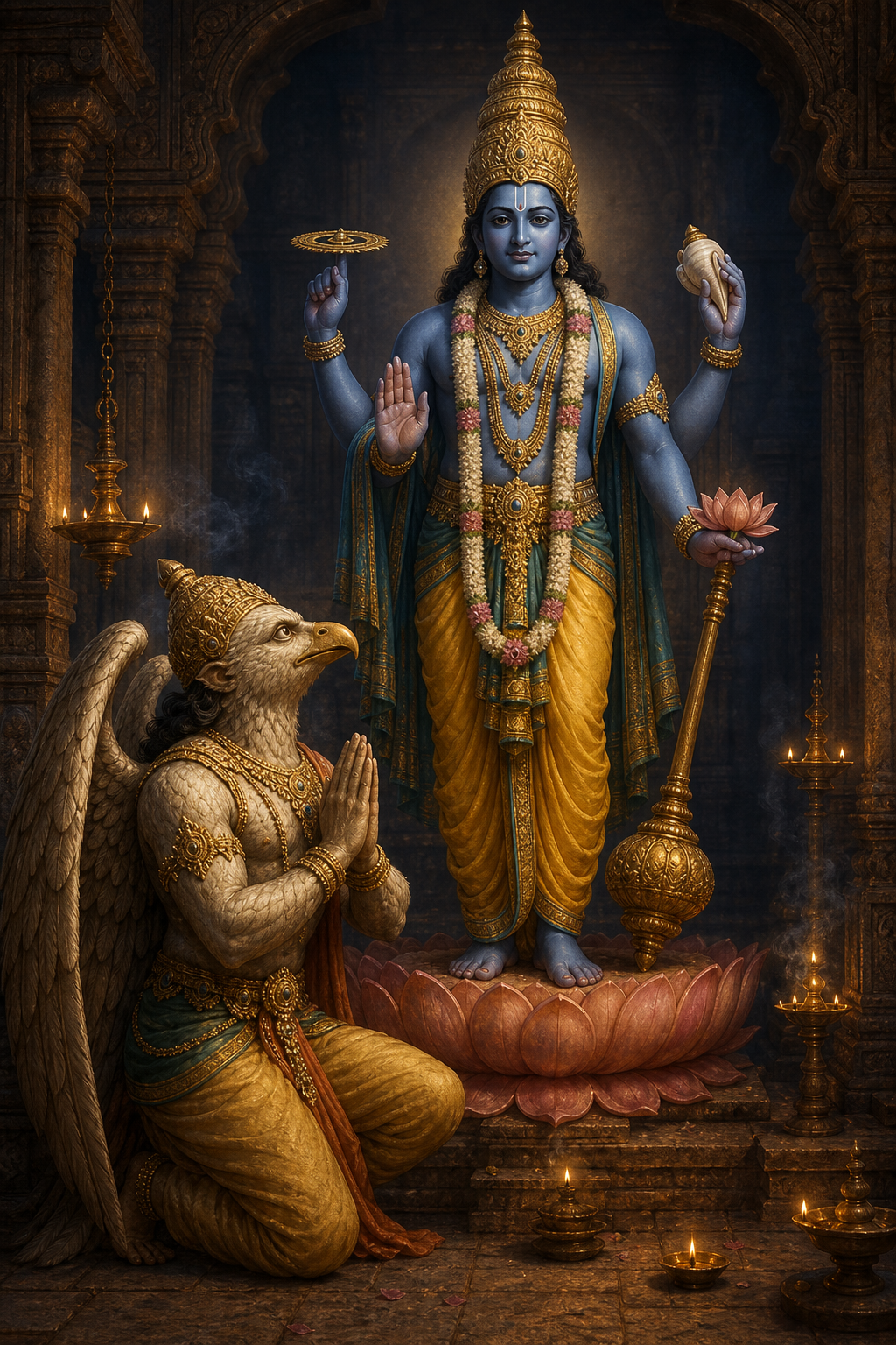Vishnu wearing a tall tiered crown stands above Garuda, who kneels with folded hands, lifted gaze, and folded wings in a lamp-lit temple sanctum.