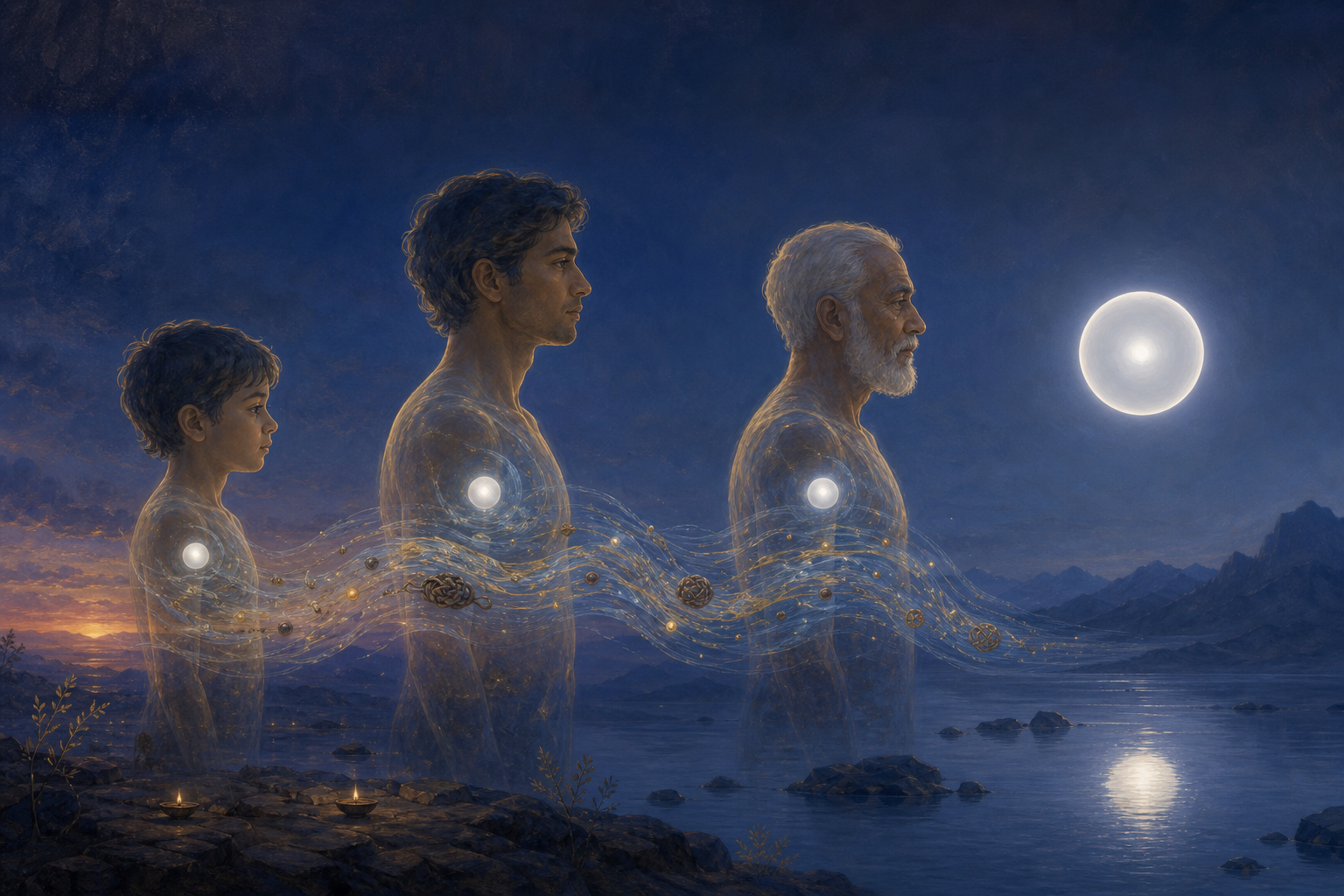 Three translucent human forms are linked by a stream carrying seed-like impressions, while the same still white light appears within each form.