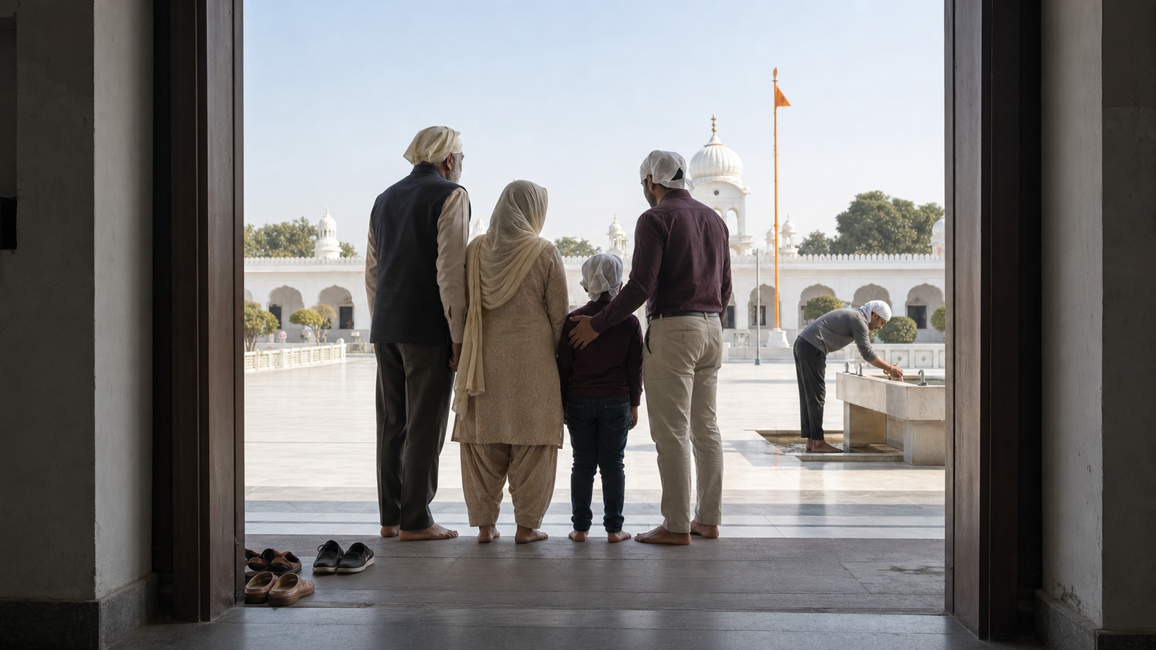 A family with covered heads pauses barefoot at the entrance to a Sikh memorial while another visitor washes at a basin.
