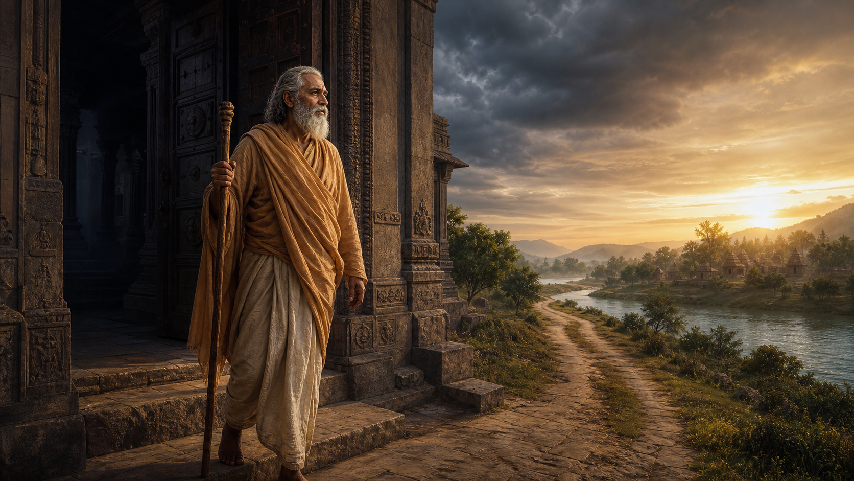 An elderly Vidura in simple robes leaves a shadowed ancient palace and walks toward a sunlit pilgrimage road beside a river.