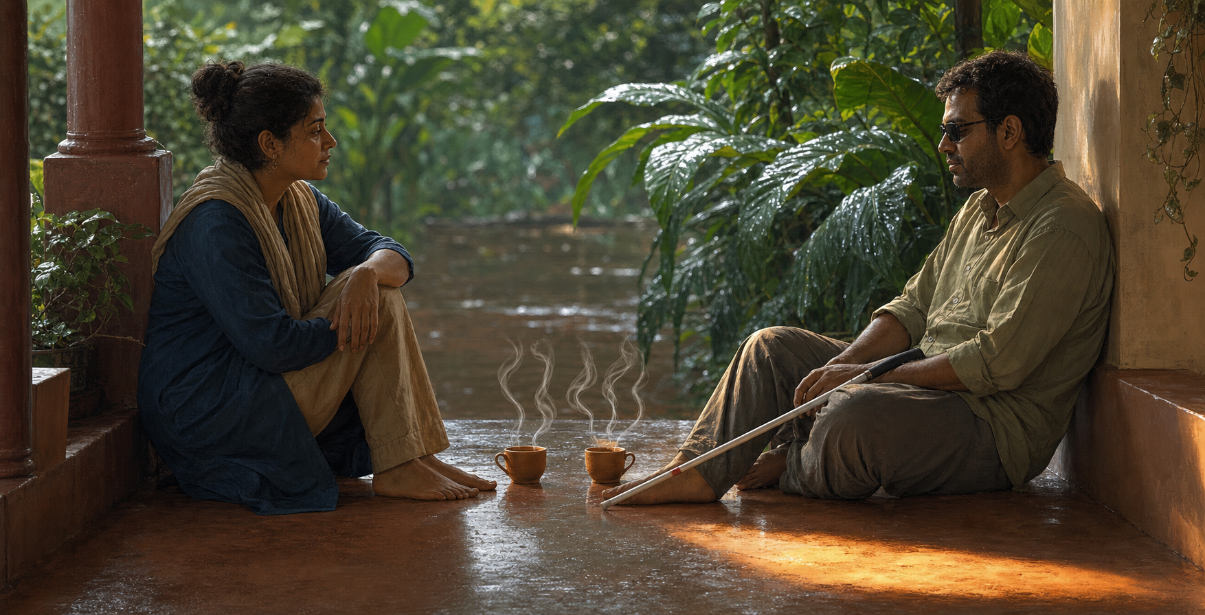 A caregiver and an adult holding a white mobility cane sit quietly with two steaming cups on a veranda after rain.