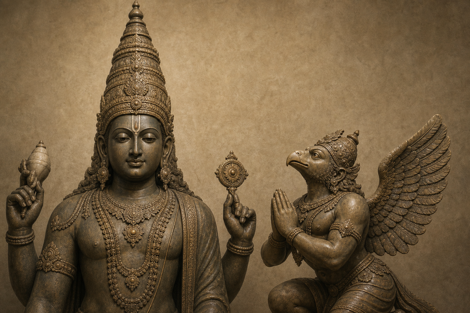 A paired iconographic study shows the frontal crowned silhouette of Vishnu beside the lower, upward-looking figure of Garuda with folded hands and ready wings.