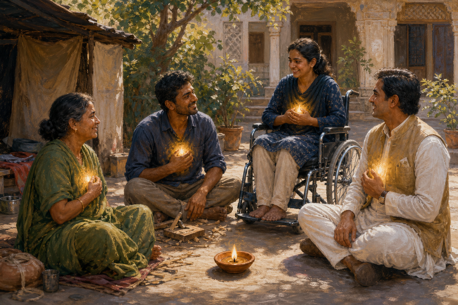 Four people in different life circumstances gather as equals in a courtyard, each with an identical soft light glowing at the heart.