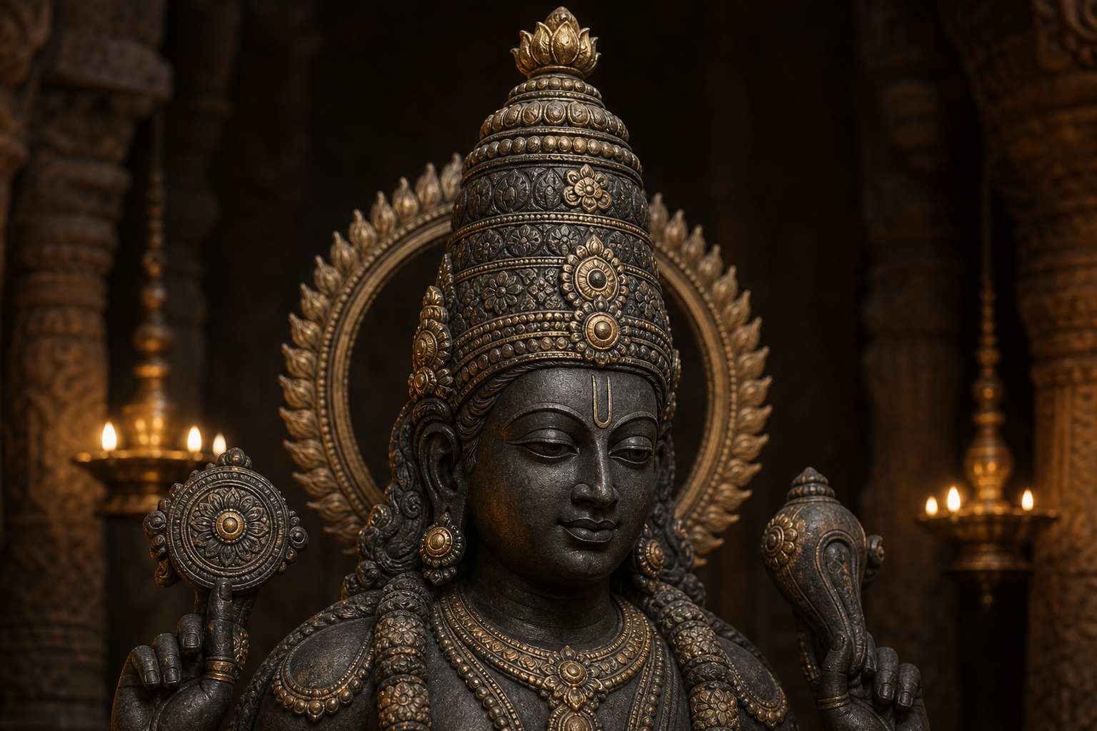 Close view of a serene Vishnu murti wearing a tall basket-shaped crown formed from ascending ornamental tiers and crowned by a lotus-like finial.