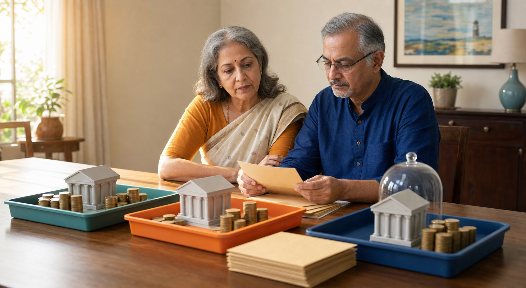 An older Indian couple sorts fixed-deposit papers and coin stacks among trays linked to several generic bank models, with a glass dome protecting only part of one group of savings.