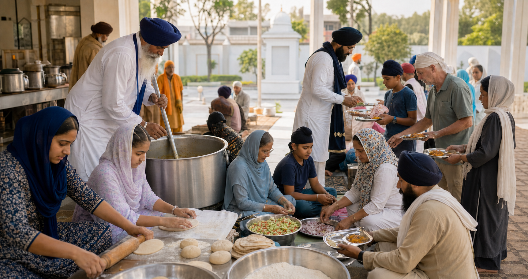 Sikh volunteers and head-covered visitors prepare and serve a communal meal together in a bright langar hall.