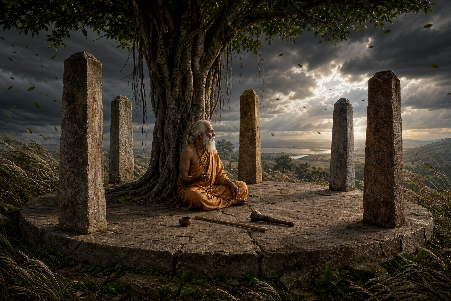 An elderly seeker meditates beneath a banyan tree inside an open sanctuary formed by five stone pillars as a storm passes outside.