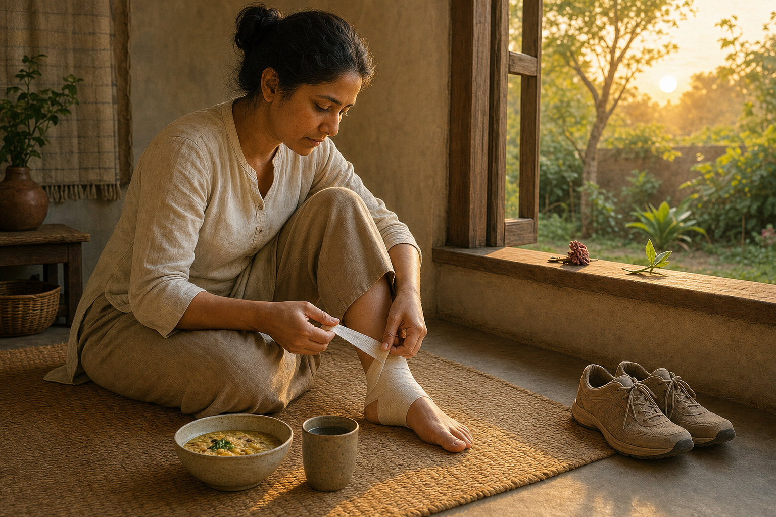 A person in a sunlit room gently bandages their foot beside water, nourishing food, walking shoes, a fading flower, and a new plant shoot.