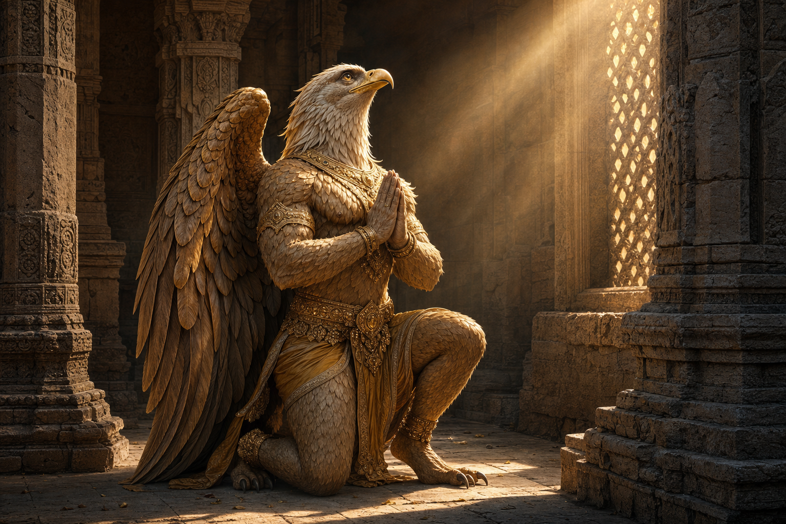 Garuda kneels in a temple shrine with folded hands, an uplifted devotional gaze, a powerful body, and broad wings held in readiness.