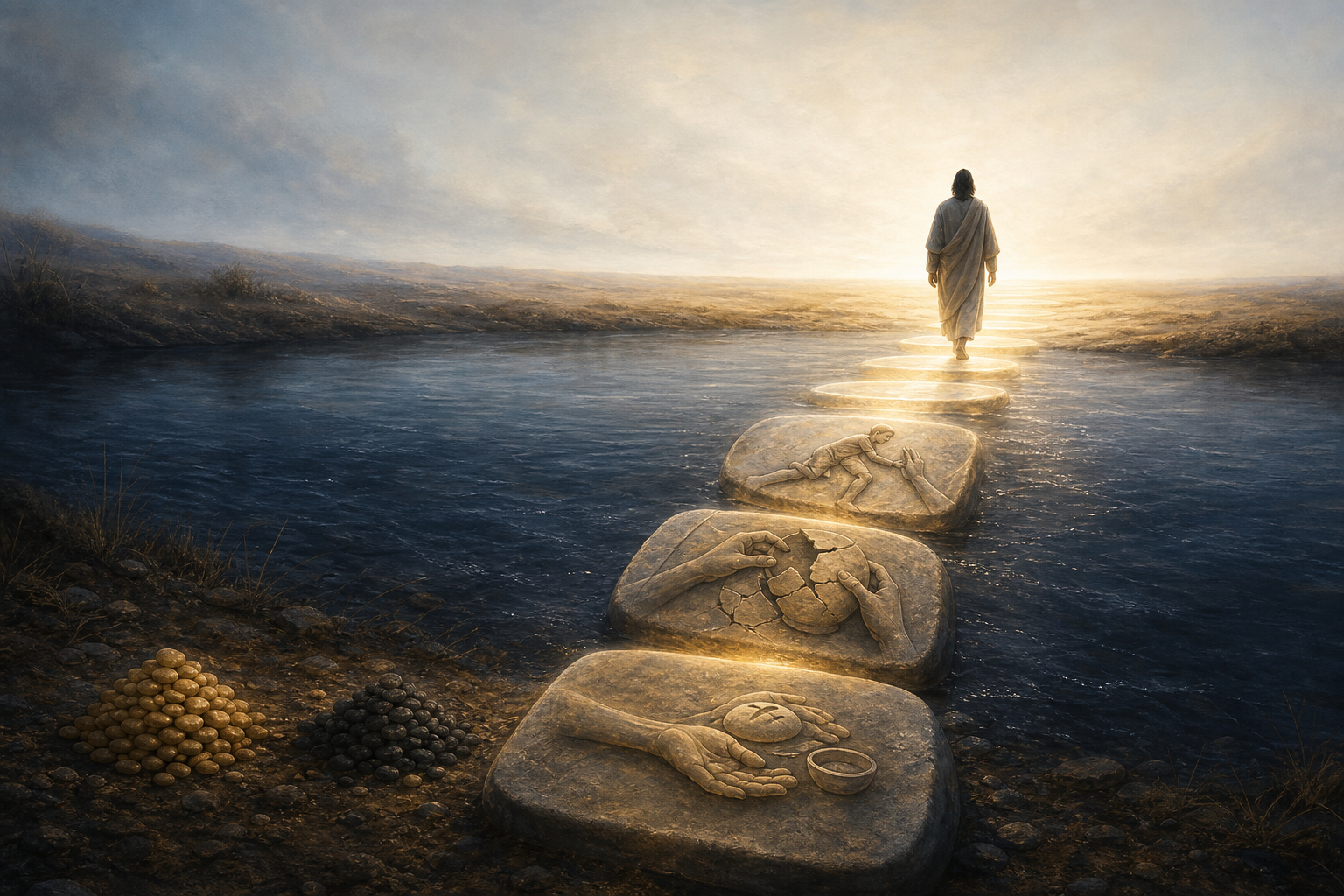 A traveler crosses a reflective river on glowing stones shaped by helpful actions, then approaches an open shore where the path dissolves into dawn light.