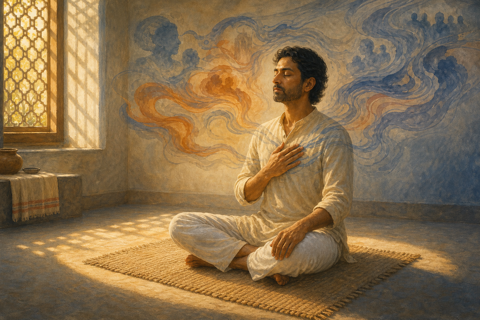 A seated practitioner remains still while translucent currents swirl around the head in a sunlit meditation room.