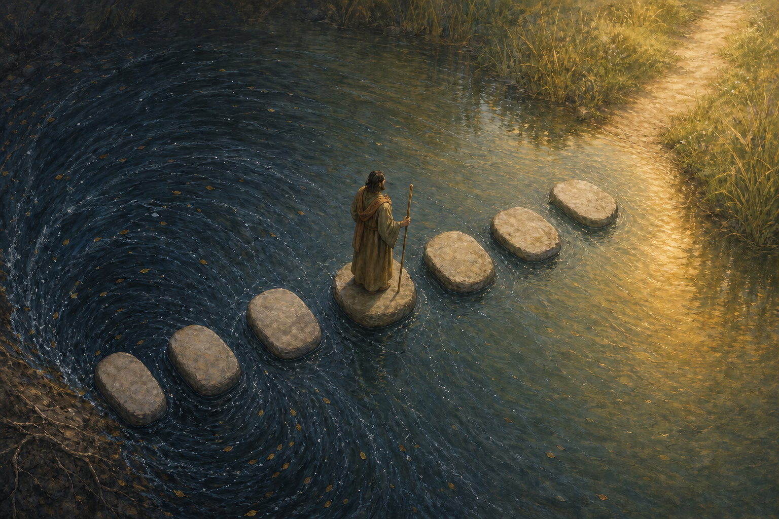 A traveler crosses seven stepping stones from a circular river eddy toward a calm, sunlit bank.