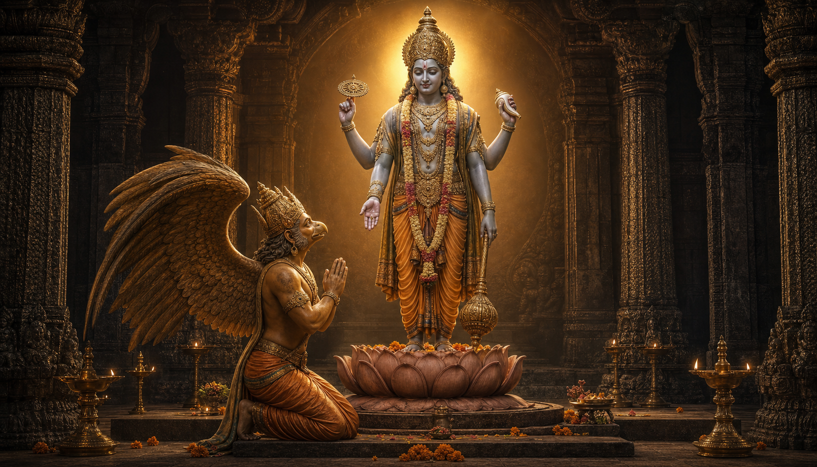 Vishnu extends a blessing gesture toward kneeling Garuda, whose folded hands and upward gaze complete a unified temple composition.