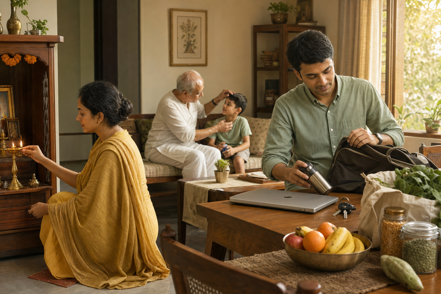 A multigenerational Indian family begins the day with home worship, childcare, and preparations for work in one shared living space.