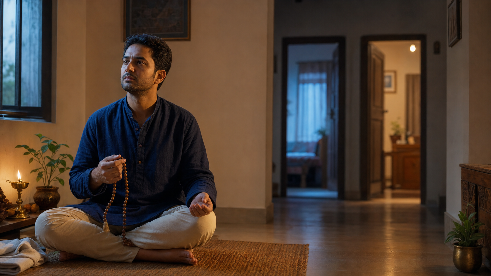 A person chants with prayer beads beside a small oil lamp at dawn, with a hallway branching toward two doorways in the background.
