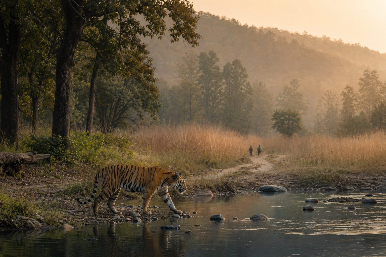 A Bengal tiger walks beside a shallow stream in a connected forest and grassland landscape as two distant forest patrol figures follow a trail.