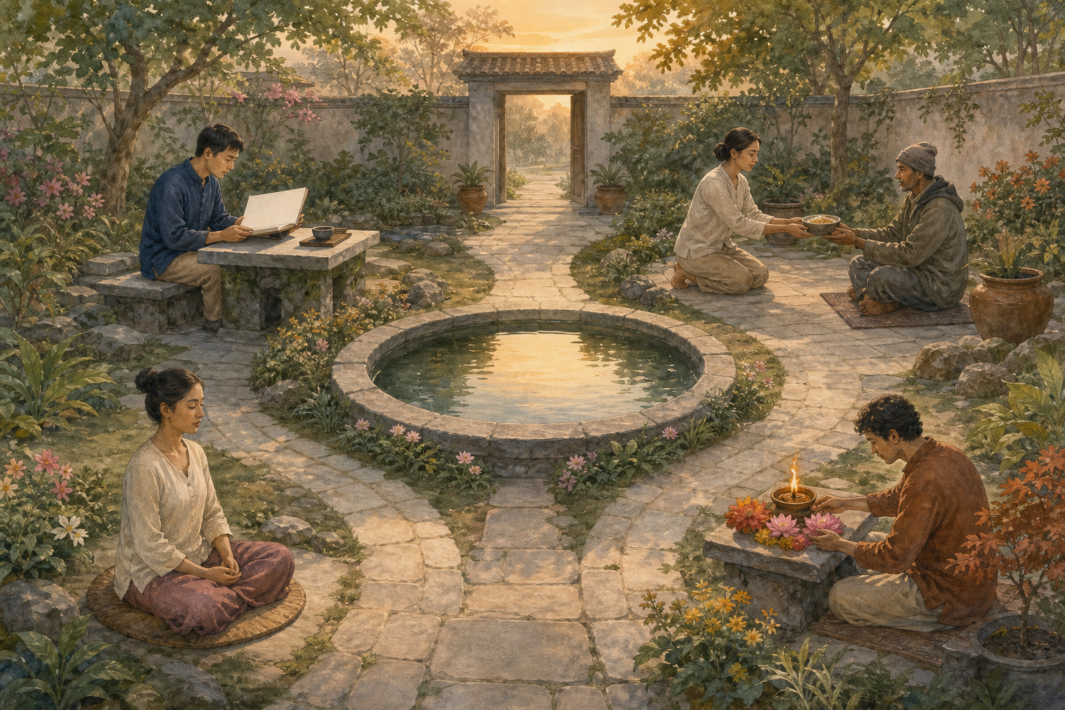Four practitioners study, serve food, meditate, and make a flower offering around a central reflecting pool.