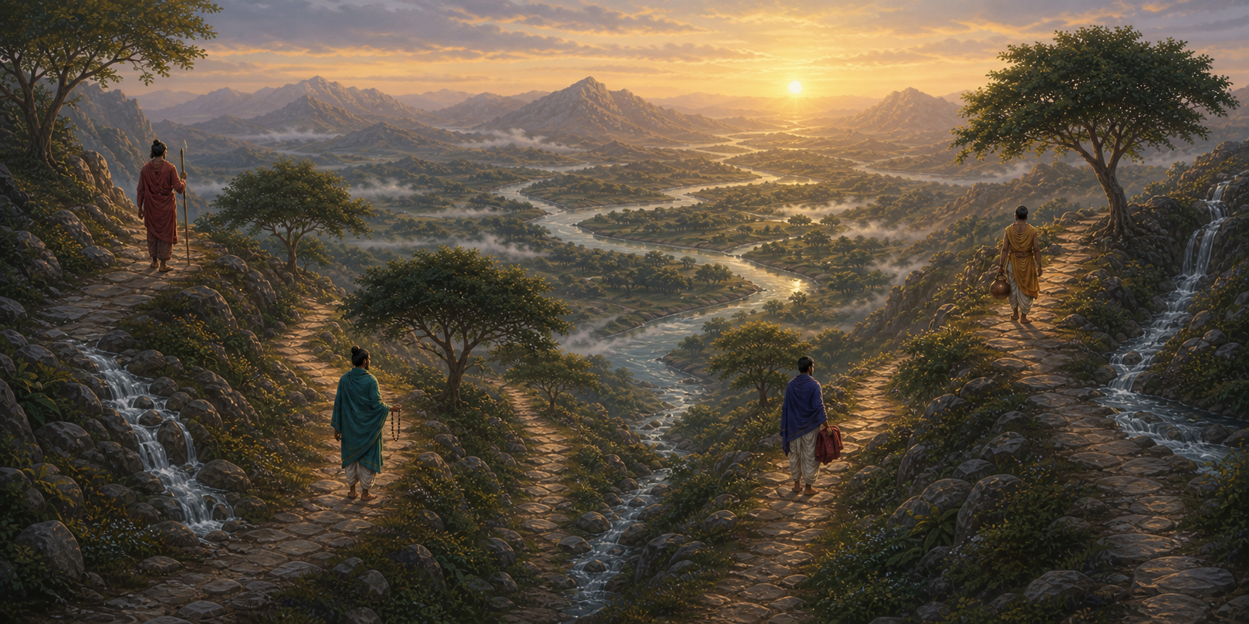 Four pilgrims carrying different simple practice objects follow separate paths through the same river valley toward different horizons.