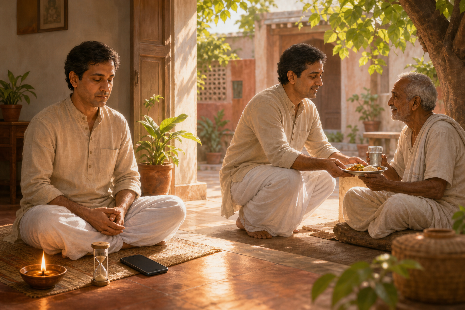 A householder meditates beside a small lamp and sand timer, then serves a meal and water to an older neighbor in the adjoining courtyard.