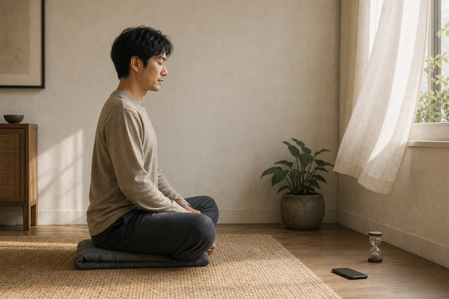 A person sits upright on a cushion beside an unmarked sand timer in a quiet room with soft morning light.