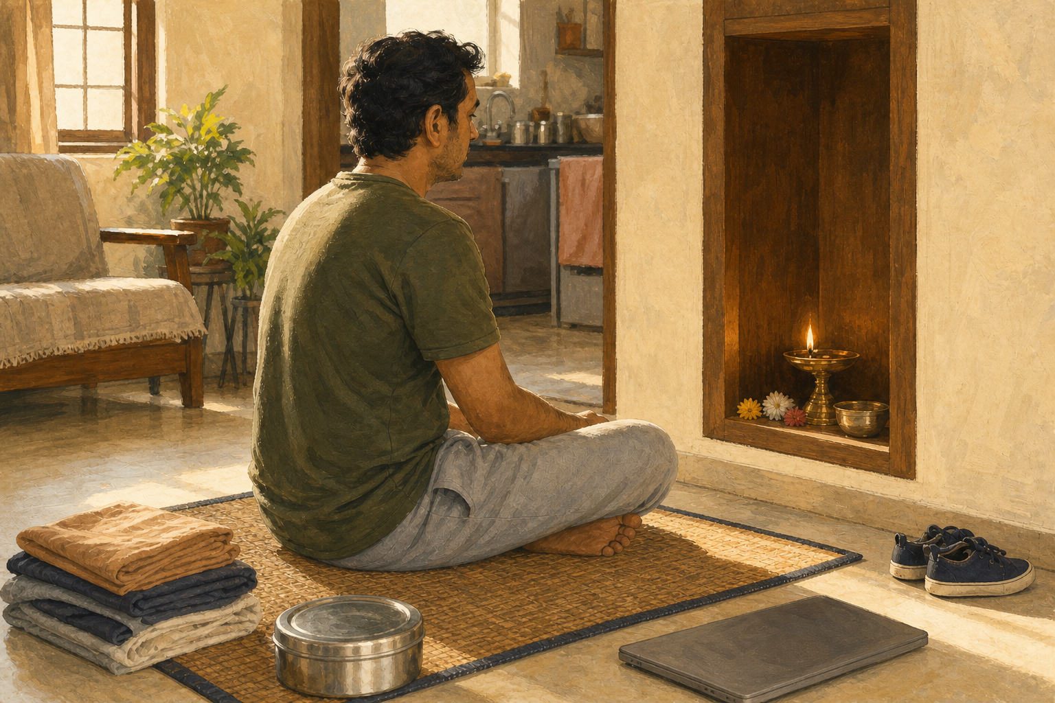 A householder practices morning devotion in a lived-in apartment beside everyday items prepared for work and family routines.