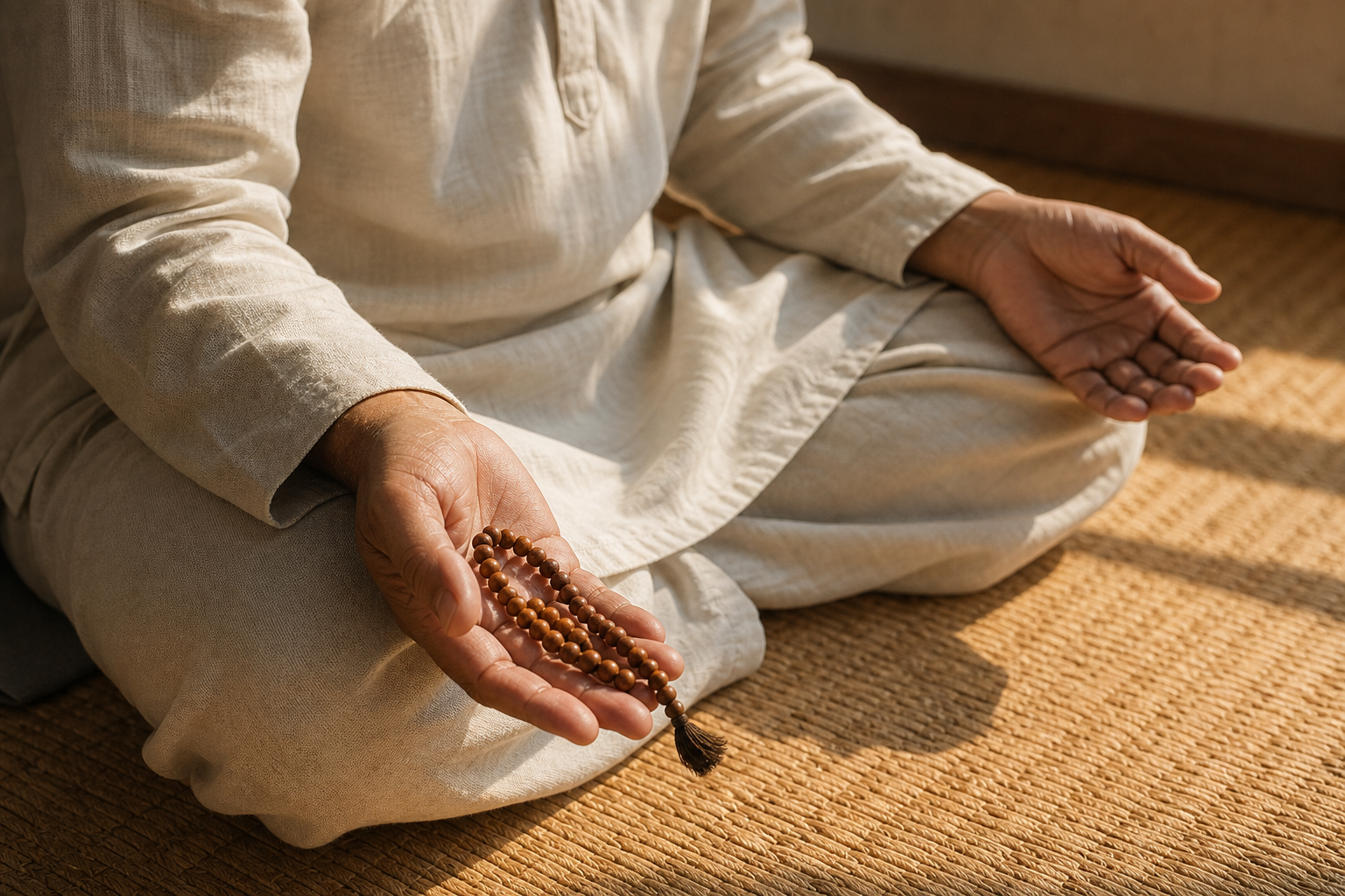 Open hands rest on a seated practitioner's knees with wooden chanting beads lying loosely across one palm.