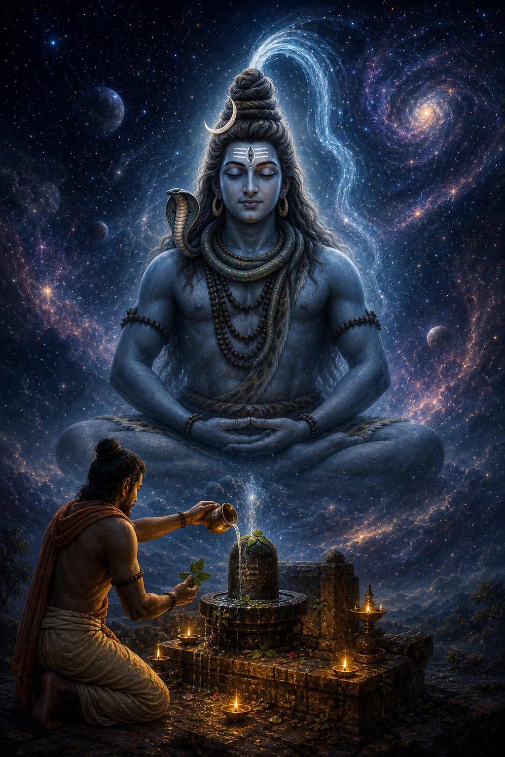 A devotee offers water and bilva leaves to a stone Shiva linga beneath a meditating cosmic form of Shiva surrounded by stars.