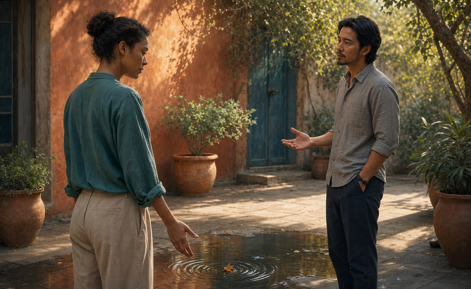 One person pauses with an open hand while listening to criticism during a tense courtyard conversation.