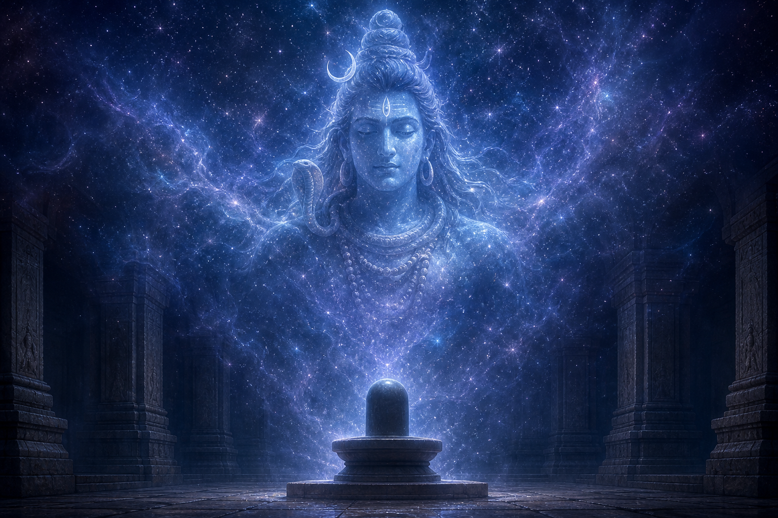 A translucent form of Shiva emerges from an unbounded field of blue light above a softly illuminated stone linga.