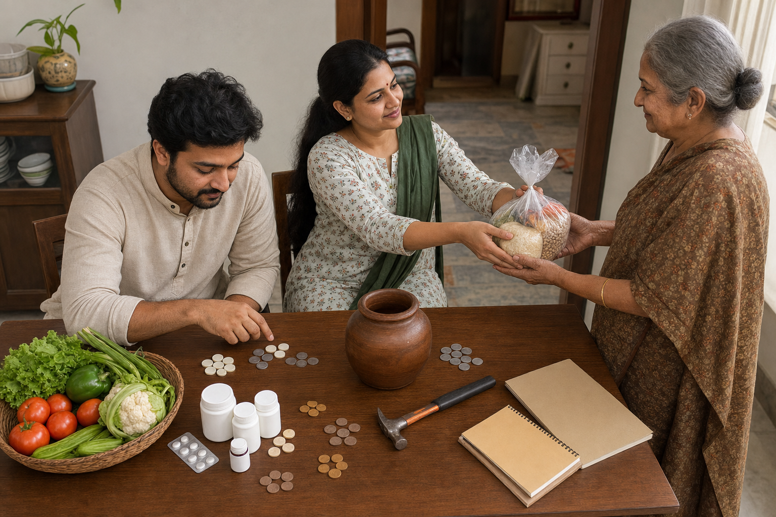 Two adults allocate household resources among groceries, medicine, savings, repairs, and a food donation at a dining table.
