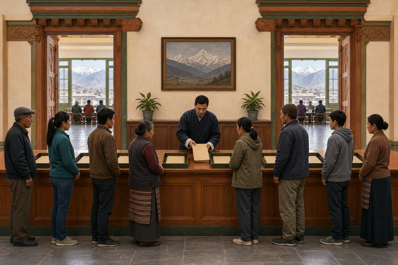 Residents wait at a municipal counter where a clerk processes identical permit folders under the same procedure.