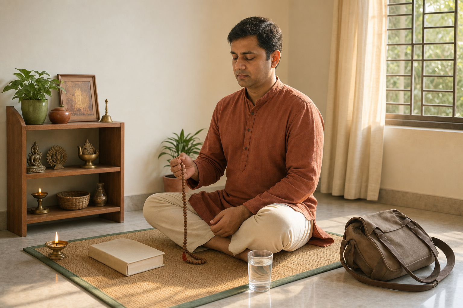 A person follows a morning chanting routine with wooden prayer beads in a simple home prayer space.