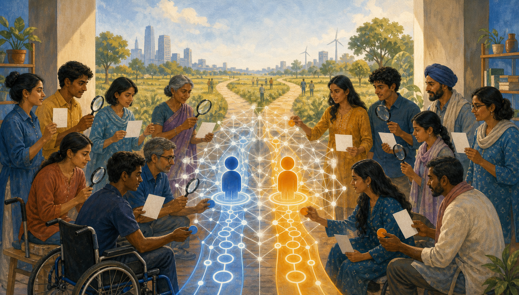 A diverse group of Indian community reviewers examines two user pathways passing through a glowing abstract AI system in a technology lab.