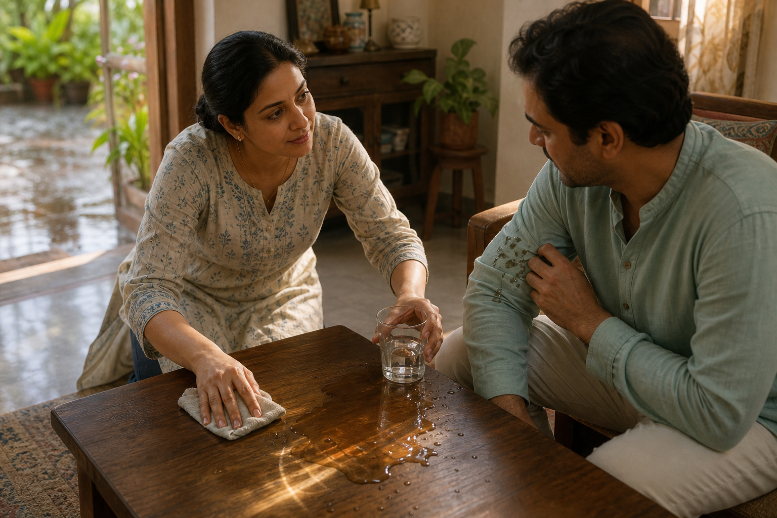 A person calmly wipes spilled water and checks on a nearby companion at a low table.