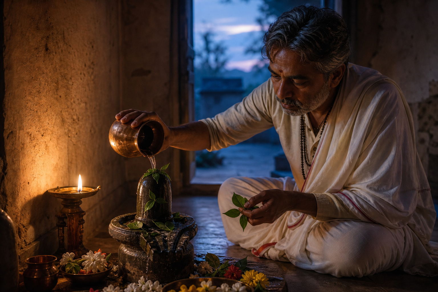 A seated devotee pours water over a small Shiva linga in a simple home shrine lit by an oil lamp at dawn.