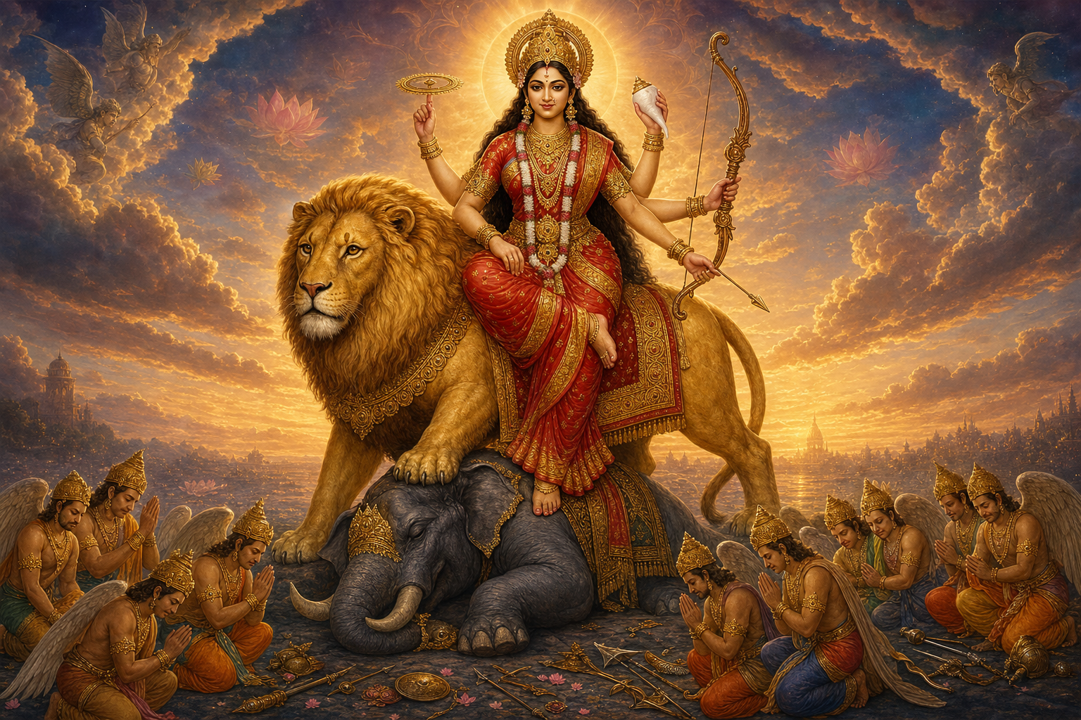 Goddess Jagadhatri sits on a golden lion above a subdued elephant while celestial devas bow and lay down their weapons before her.