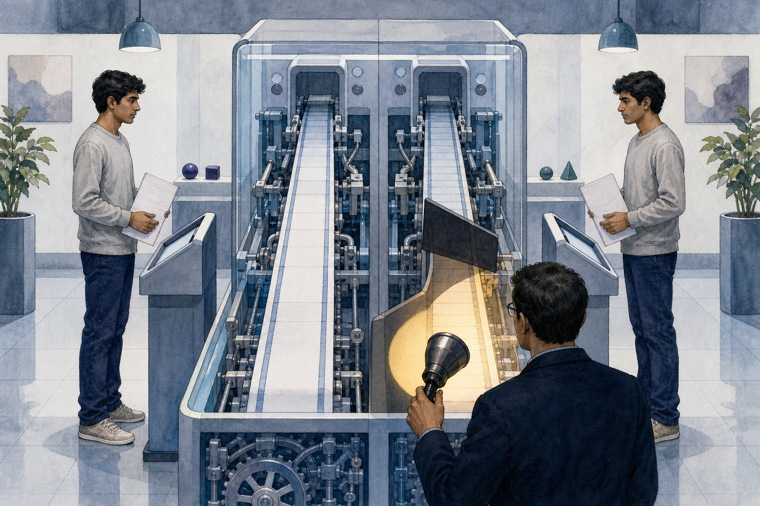 Two mirrored versions of the same applicant use identical AI kiosks while an auditor illuminates an obstruction narrowing one internal pathway.