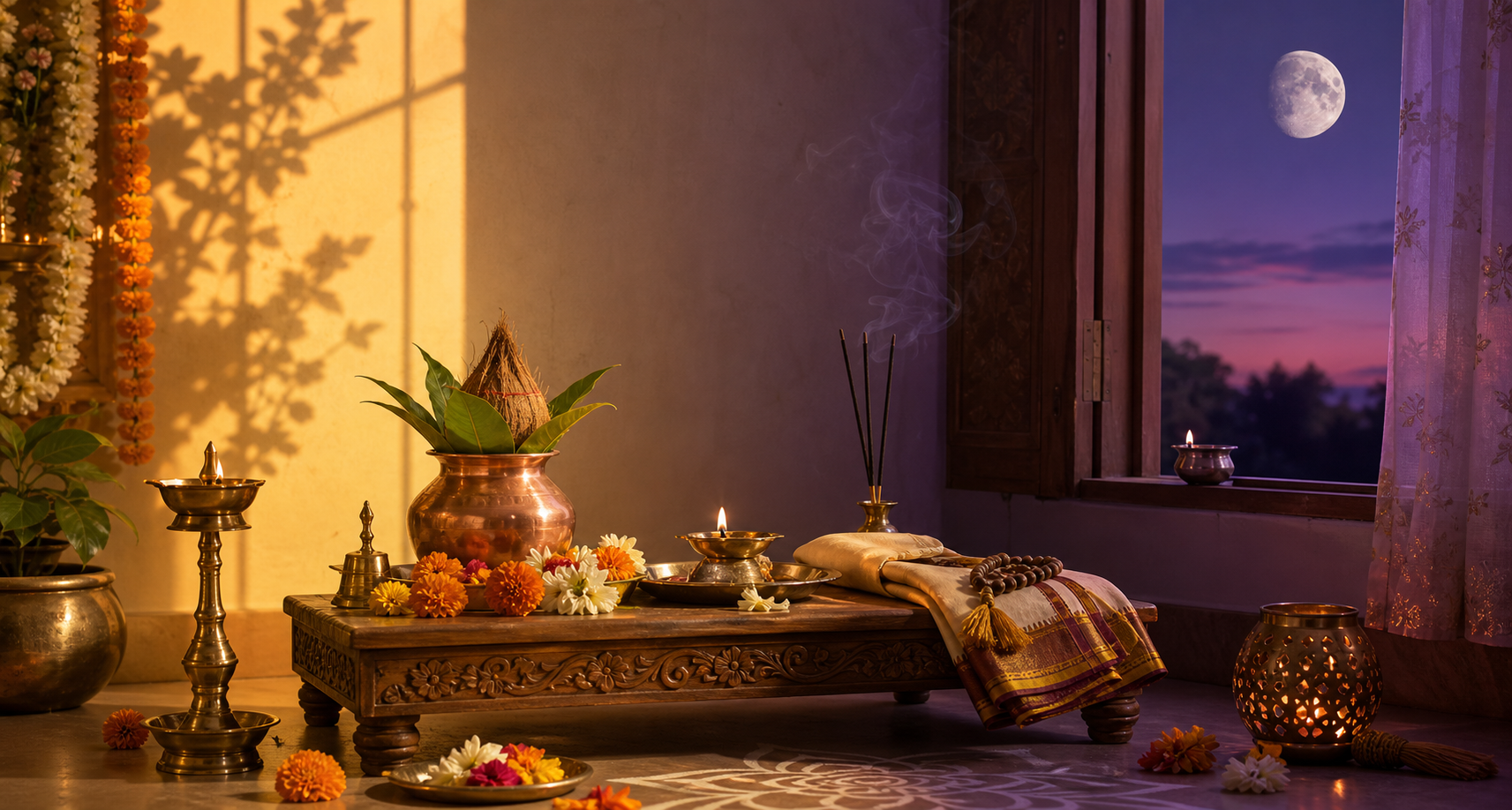A home puja altar with brass lamps, flowers, offerings, and a kalash shown between golden afternoon light and violet evening light, with a waxing moon outside.