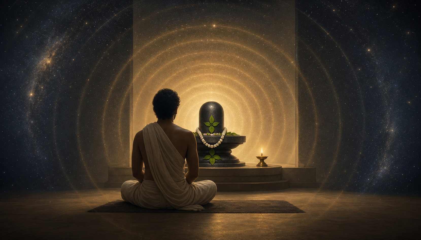 A solitary practitioner meditates before a simply adorned Shiva linga as its lamplight opens into a subtle field of stars.