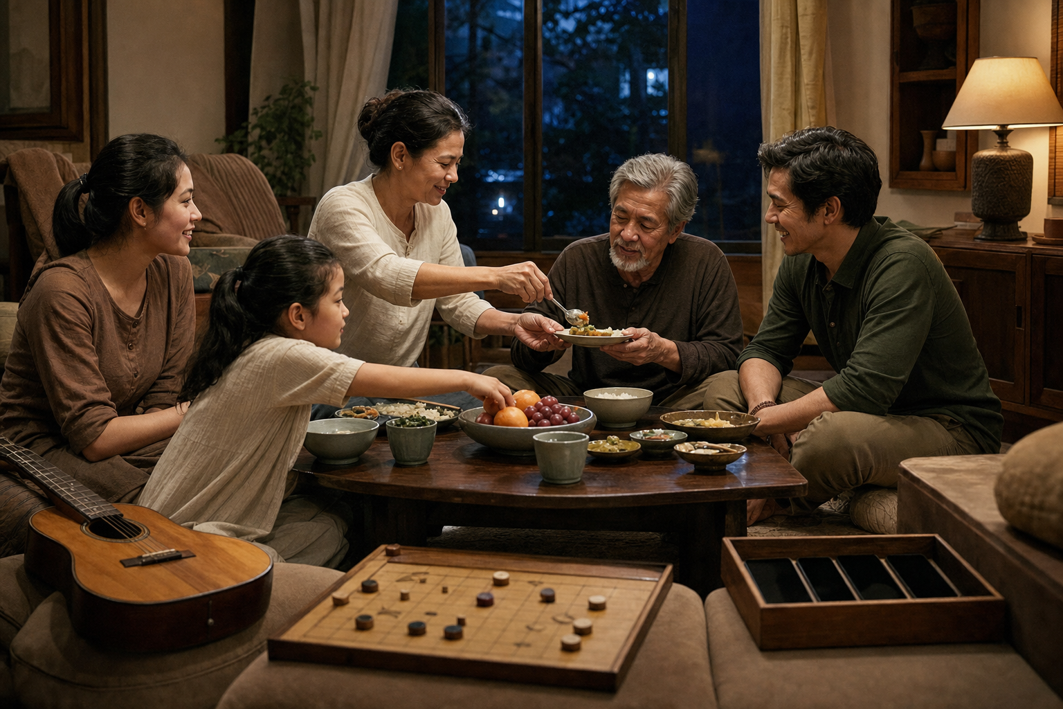 A family shares an evening meal while phones remain put away and simple music and games are available nearby.
