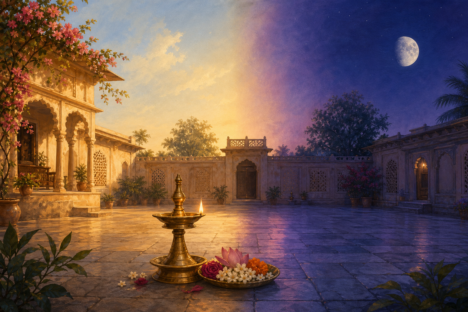 An Indian courtyard transitions from warm afternoon to cool evening around a narrow band of changing light, with a puja lamp and flower offering in the foreground.