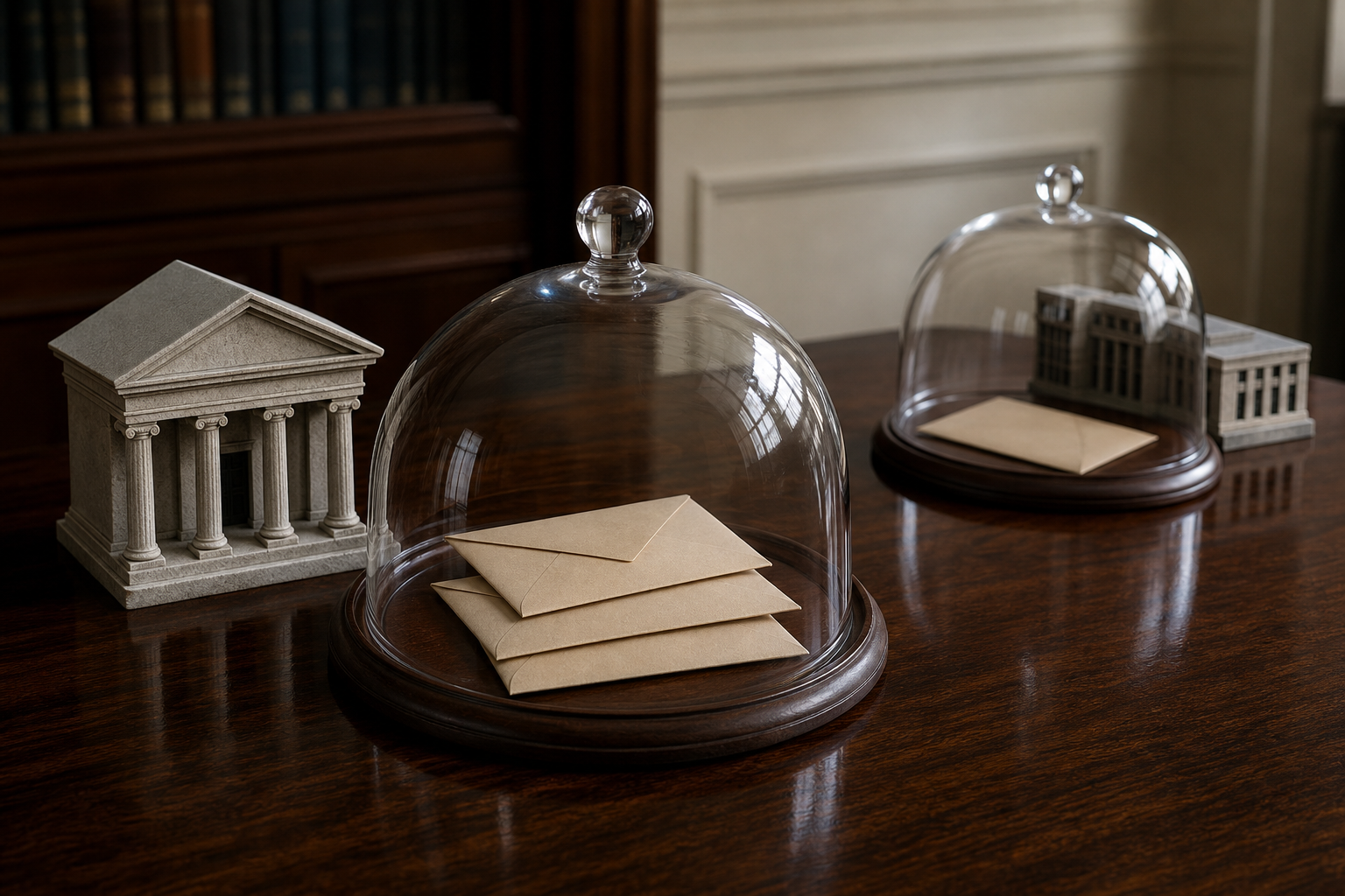 Three blank deposit envelopes share one protective dome beside a generic bank model, while another envelope is protected separately beside a different bank model.