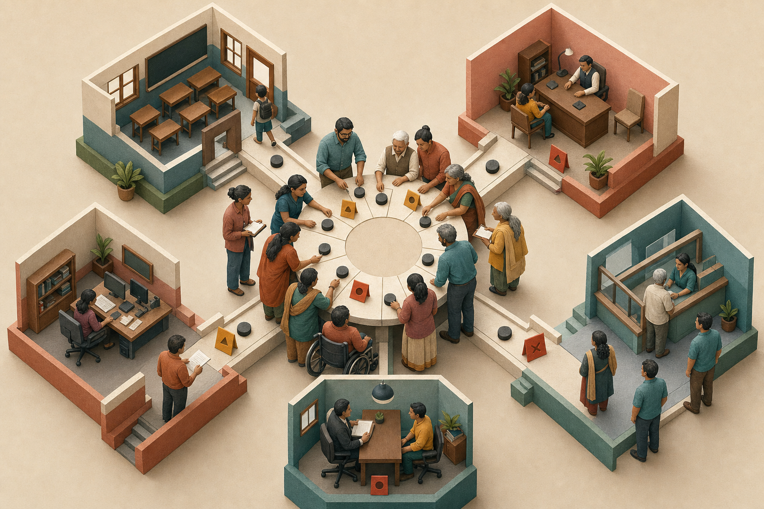 Community participants test neutral tokens across miniature school, lending, public-service, newsroom and employment settings arranged around a circular table.